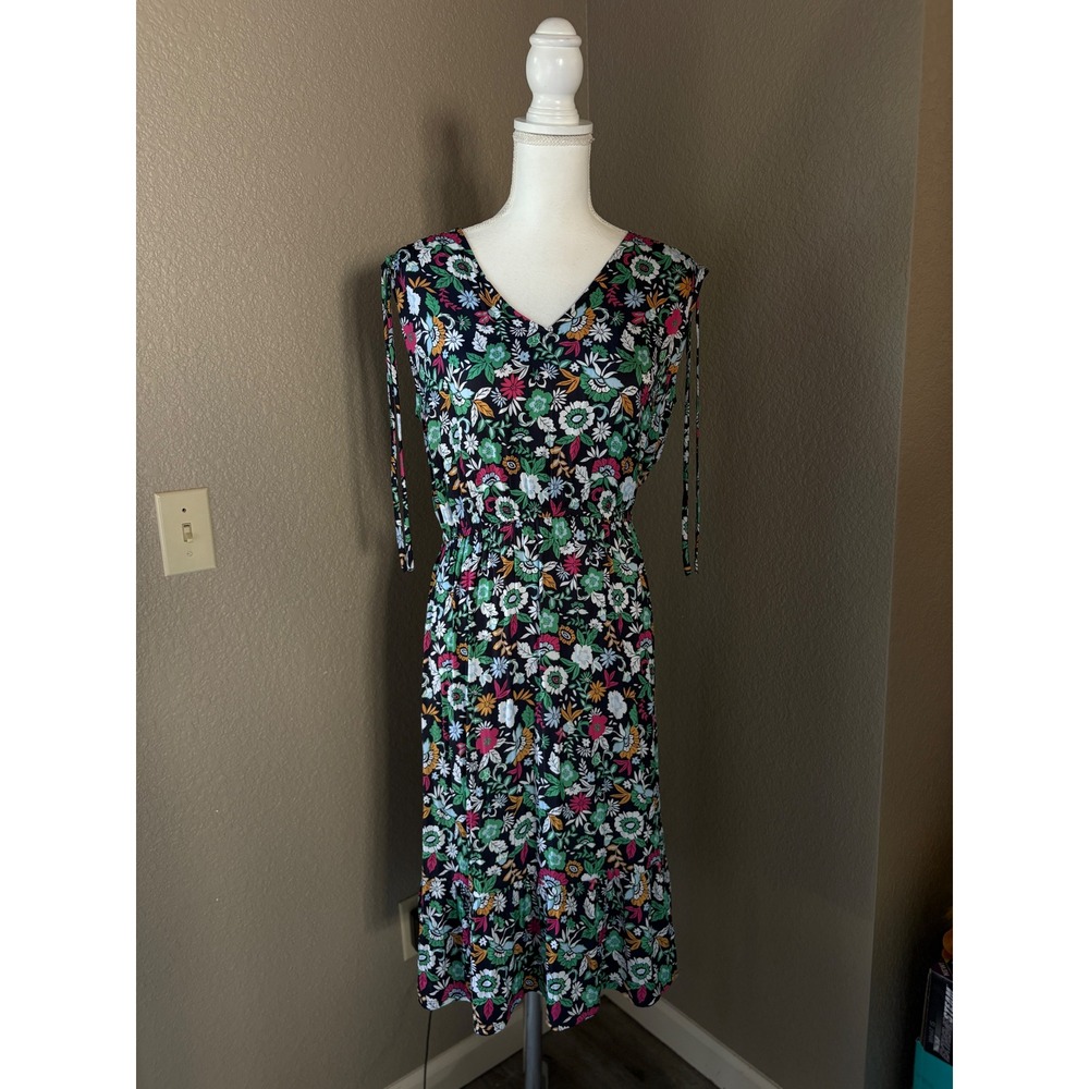 LOFT Outlet Petite Floral V-Neck Midi Dress Black Multi MP Tiered Shoulder Ties
